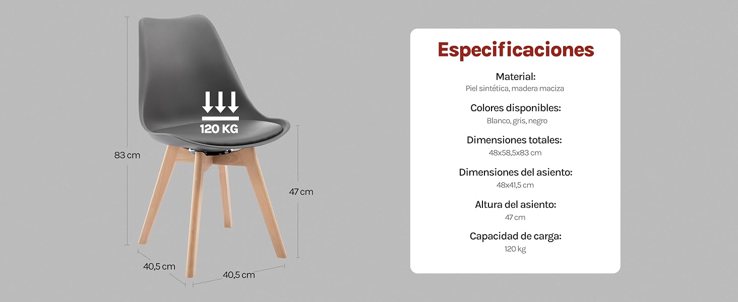 El texto dice «Especificaciones». Silla moderna moldeada de color gris con patas de madera, que se muestra con las medidas dimensionales indicadas con flechas.