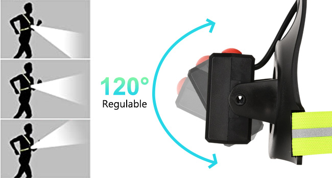 Luz LED para correr recargable por USB para el pecho, ajustable a 120°, 500 lúmenes