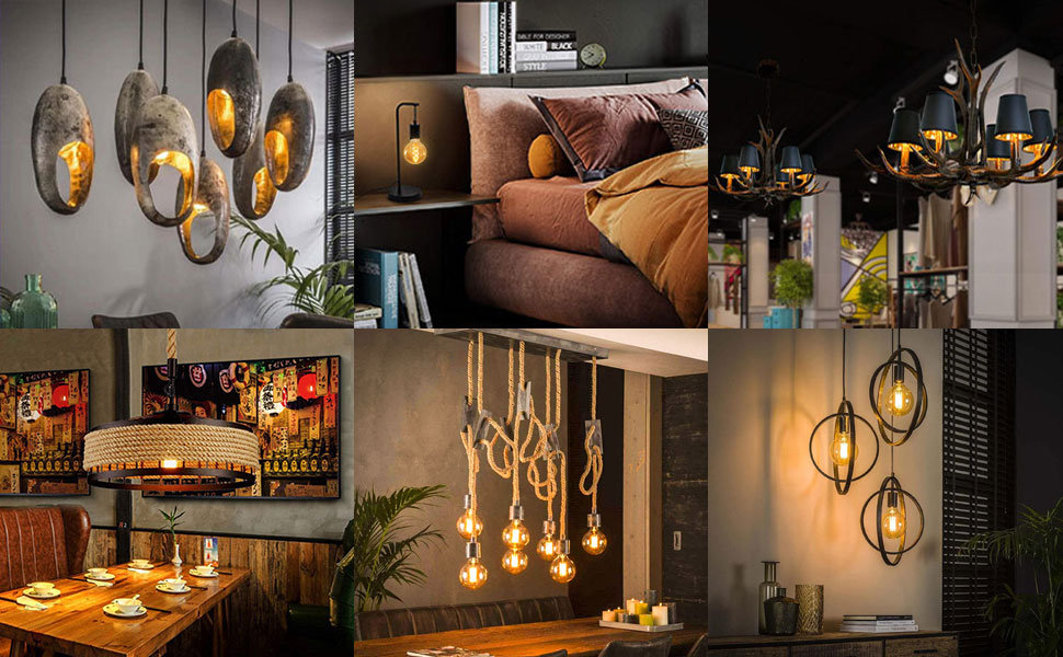 de luminaires suspendus modernes avec des globes en verre fumé et des ampoules Edison, présentés dans divers décors intérieurs, y compris les salles à manger et