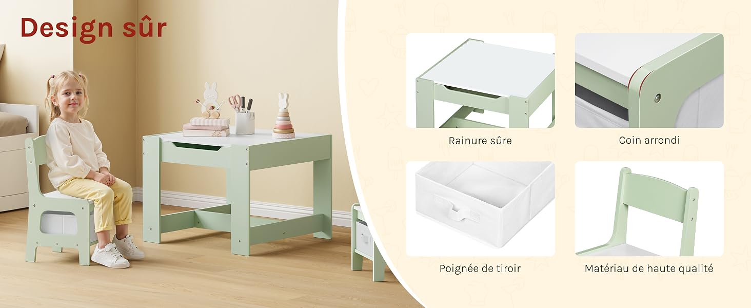 Le texte indique « Design sûr ». Série d'images de style de vie de produits montrant un bureau ou un meuble de couleur claire dans différents réglages et angles.