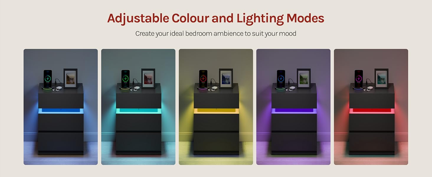 Text reads 'Adjustable Colour and Lighting Modes'. Series of five product images showing different colored lighting modes from blue to red.