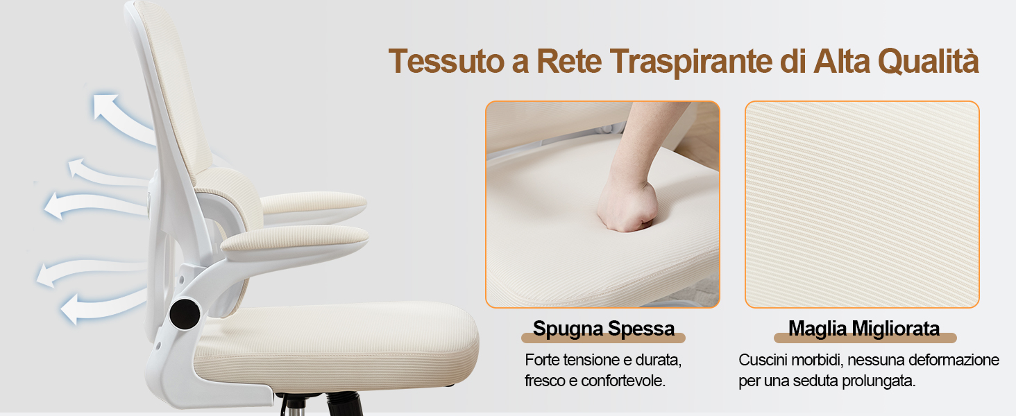 Il testo recita «Tessuto a Rete Traspirante di Alta Qualità», «Spugna Spessa», «Maglia Migliora». Schema tecnico della sedia da ufficio che mostra il materiale in rete e i dettagli dell'imbottitura.