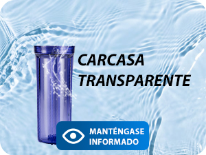Contenedor cilíndrico transparente sobre fondo azul claro. El texto dice «CARCASA TRANSPARENTE» y «MANTÉNGASE INFORMADO» con