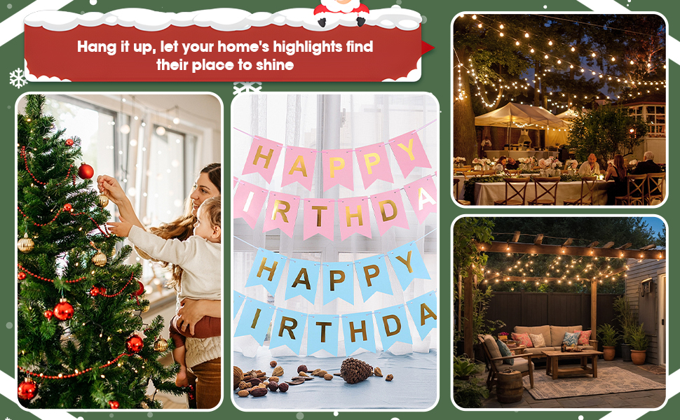 Collection of party decoration images showing string lights, pink birthday banners, and outdoor evening celebration setups with warm ambient lighting.