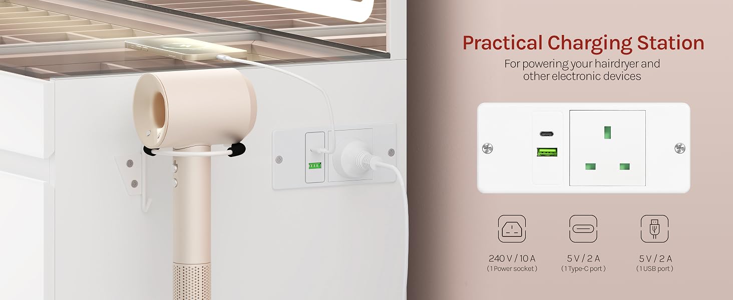 Text reads 'Practical Charging Station'. Split image showing beige storage pouch with cord management and white wall-mounted charging station with multiple ports and icons for device charging functionality.