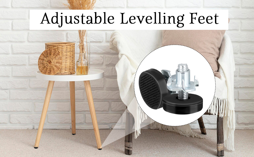 Adjustable leveling feet for furniture shown in detail circle, with demonstration using wooden side table and armchair against brick wall.