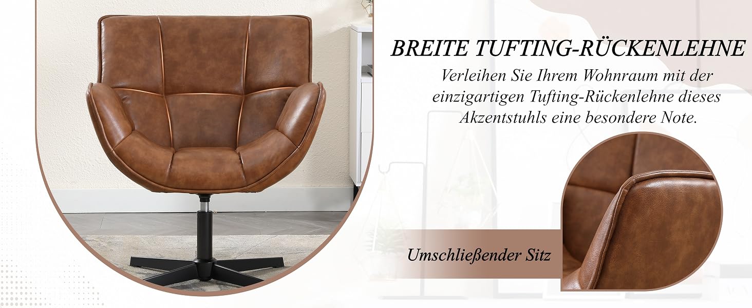Der Text lautet „BREITE TUFTING-RÜCKENLEHNE“. Produktbilder des braunen Lederdrehstuhls zeigen Details der getufteten Rückenlehne aus zwei Blickwinkeln.