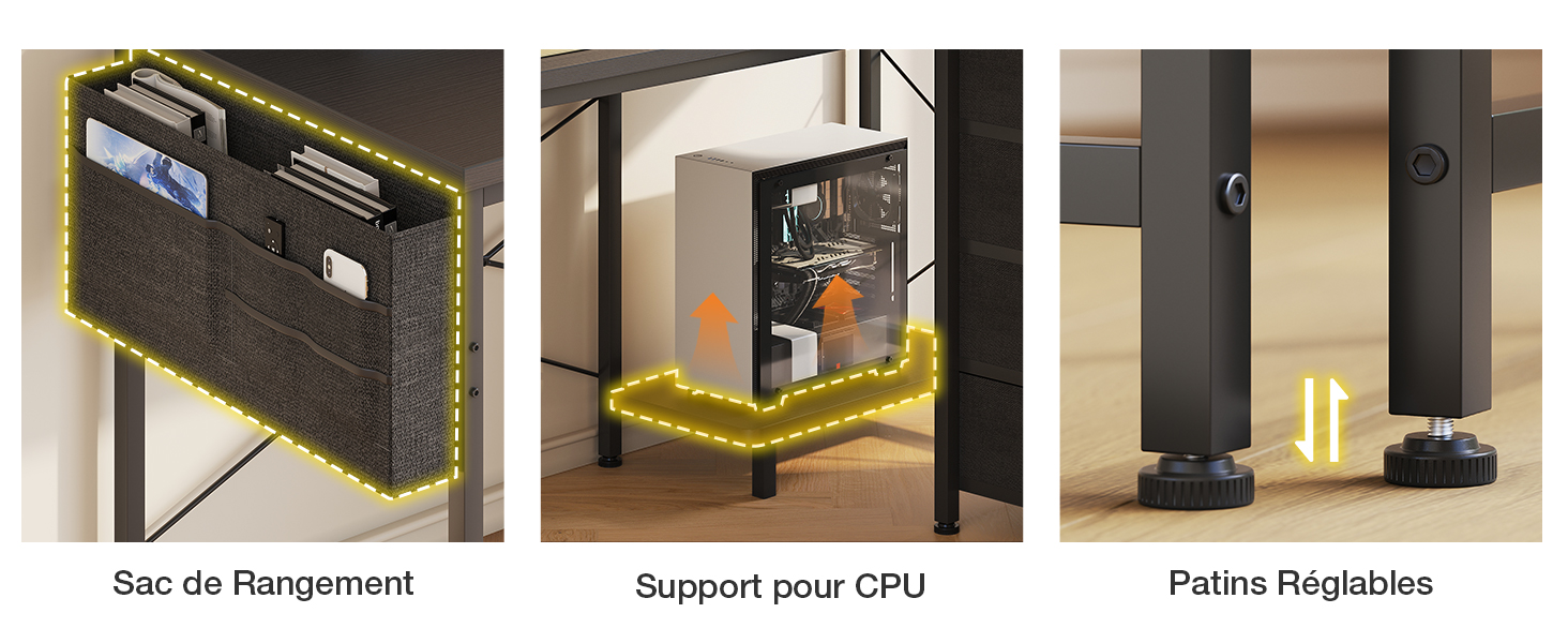 Le texte indique « Supportez votre processeur » et « Sac de rangement ». Montage du produit montrant un système de montage ou de support noir avec plusieurs points de réglage et composants matériels.
