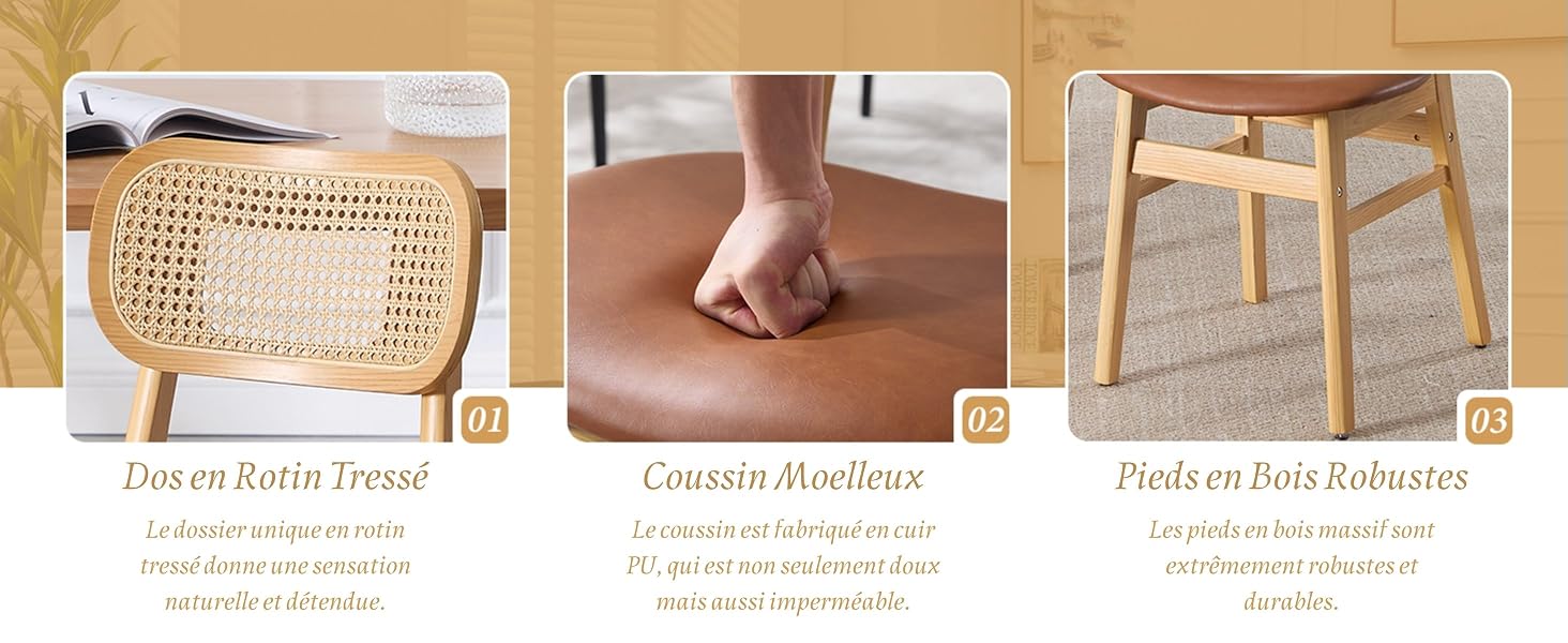 Trois images de démonstration de produits avec des éléments de mobilier en rotin, des pieds nus et des textures tissées naturelles sur un fond beige chaud.