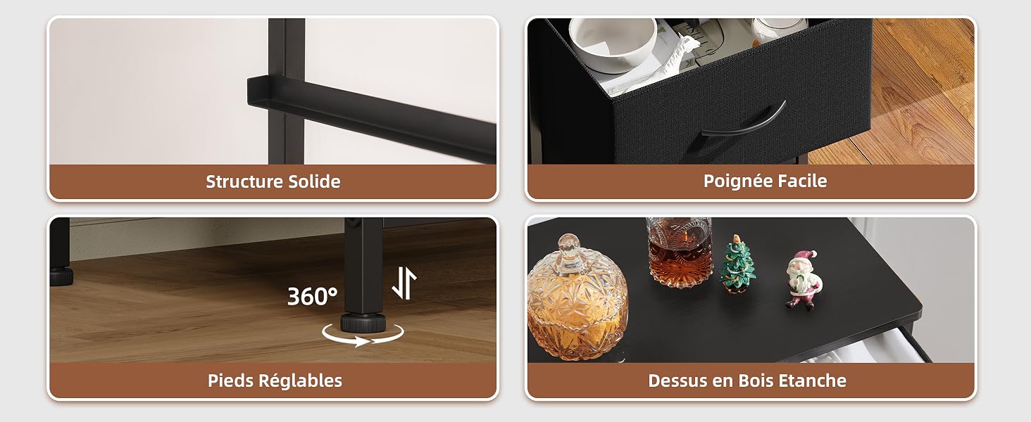 Présentoir de mobilier à quatre panneaux présentant différents angles de pièces en bois noir étiquetées « Spatule à café », « Plateau Petite », « 360° » et « Petit déjeuner ».