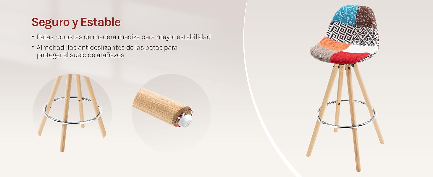 de tela retazada multicolor con patas de madera. Las características incluyen una construcción robusta, un reposapiés de metal y un asiento redondo. La imagen insertada muestra un componente de pata de madera