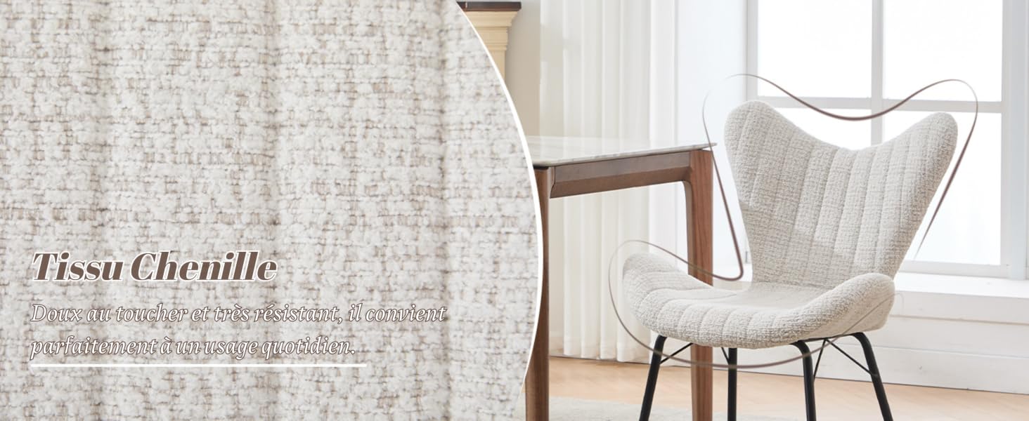 Le texte indique « Tissu Chenille ». Série d'images montrant des meubles rembourrés blancs, notamment des chaises et des sièges, dans un décor intérieur clair et neutre.