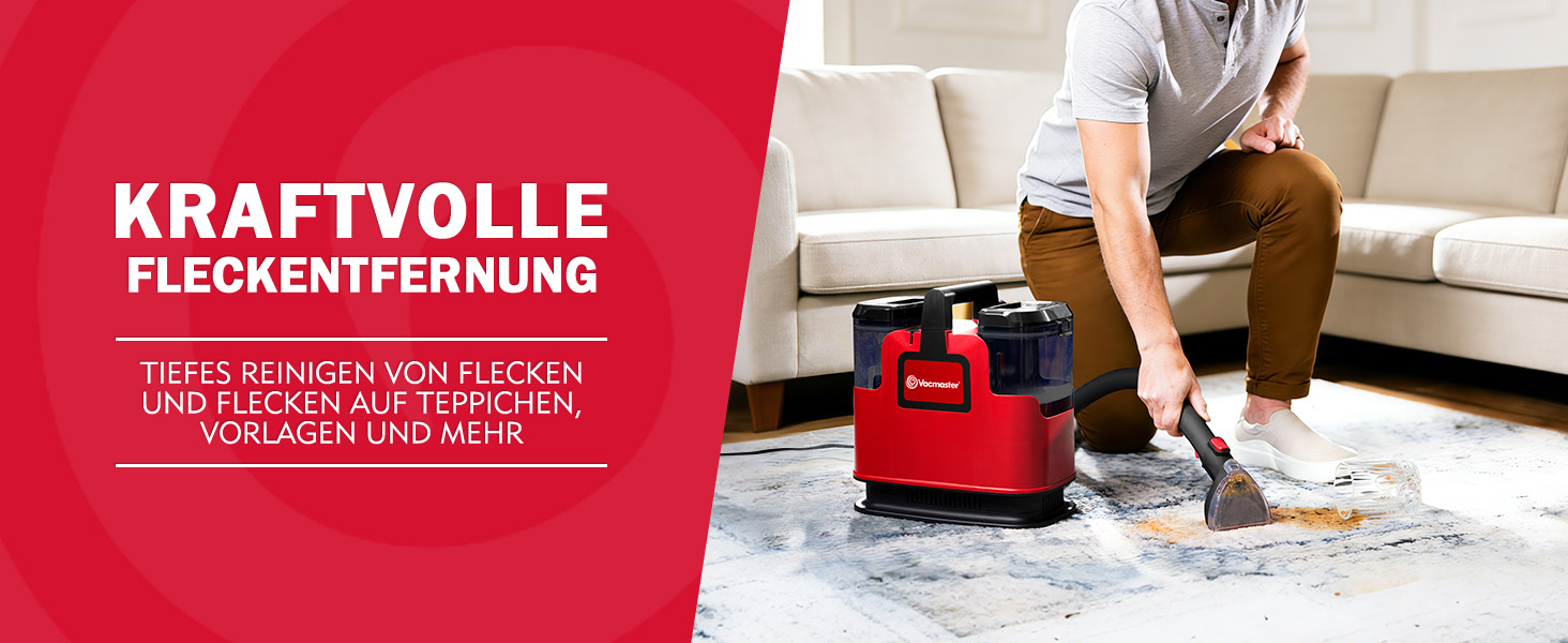 Der Text lautet: 'KRAFTVOLLE FLECKENENTFERNUNG'. Roter Staubsauger, der zum Reinigen von Teppichen oder Bodenbelägen verwendet wird.