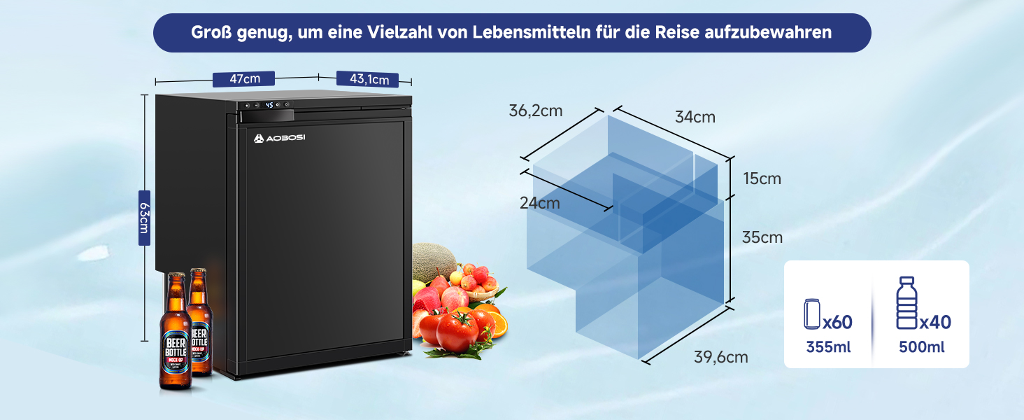 Kompakter schwarzer Mini-Kühlschrank mit den Abmessungen 56,7 x 54 x 39,4 cm. Das Innenvolumen wird mit 60 l angegeben. Speichert eine Vielzahl von Getränken und Lebensmitteln. Geeignet für Reisen.