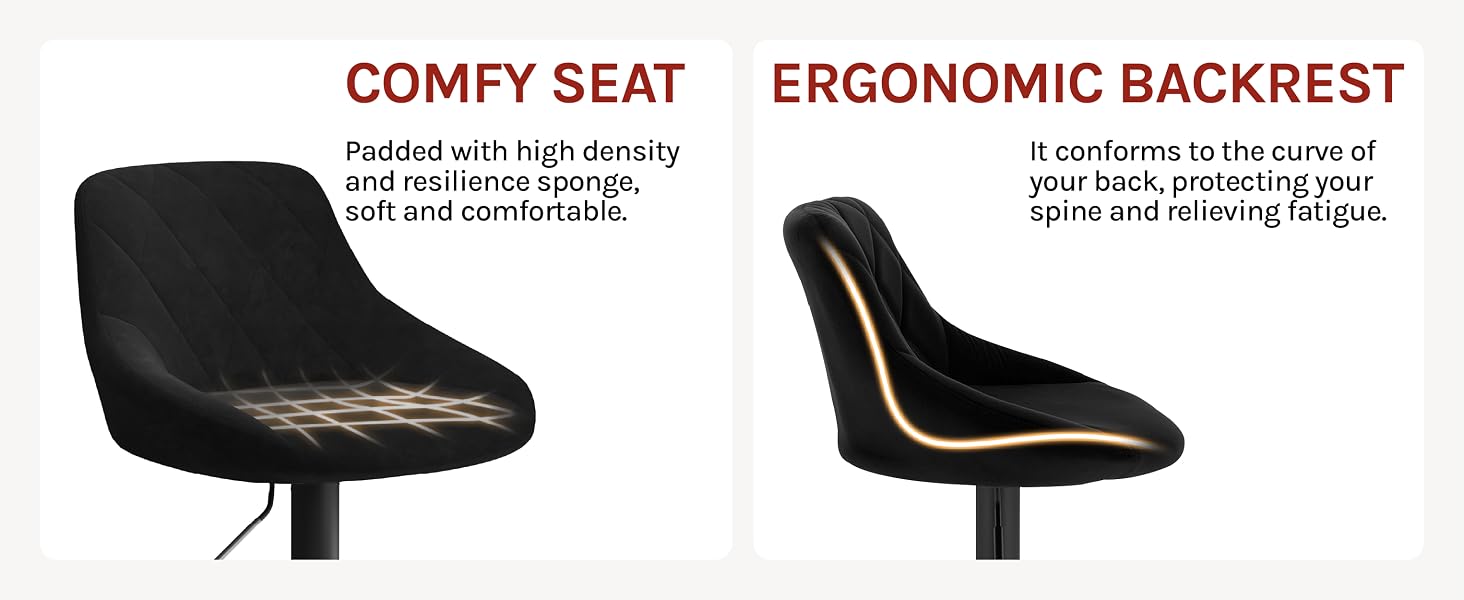 Black chair with ergonomic backrest and comfy seat. Split image shows padded seat cushion and curved backrest design for spine support.