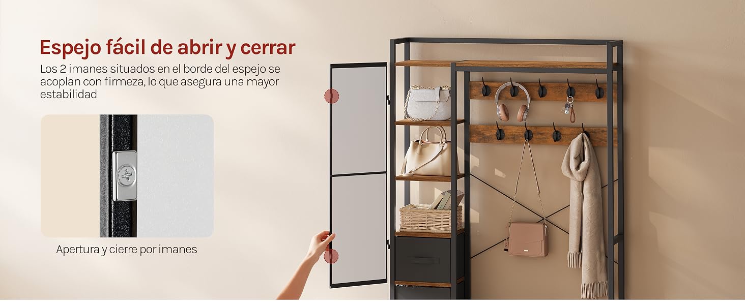 El texto dice «Espacio fácil de abrir y cerrar» con texto adicional en español a continuación. Organizador de joyas montado en la pared con marco de madera, puerta de vidrio y varios compartimentos para guardar collares, aretes y accesorios. Abrir con la mano la puerta transparente.