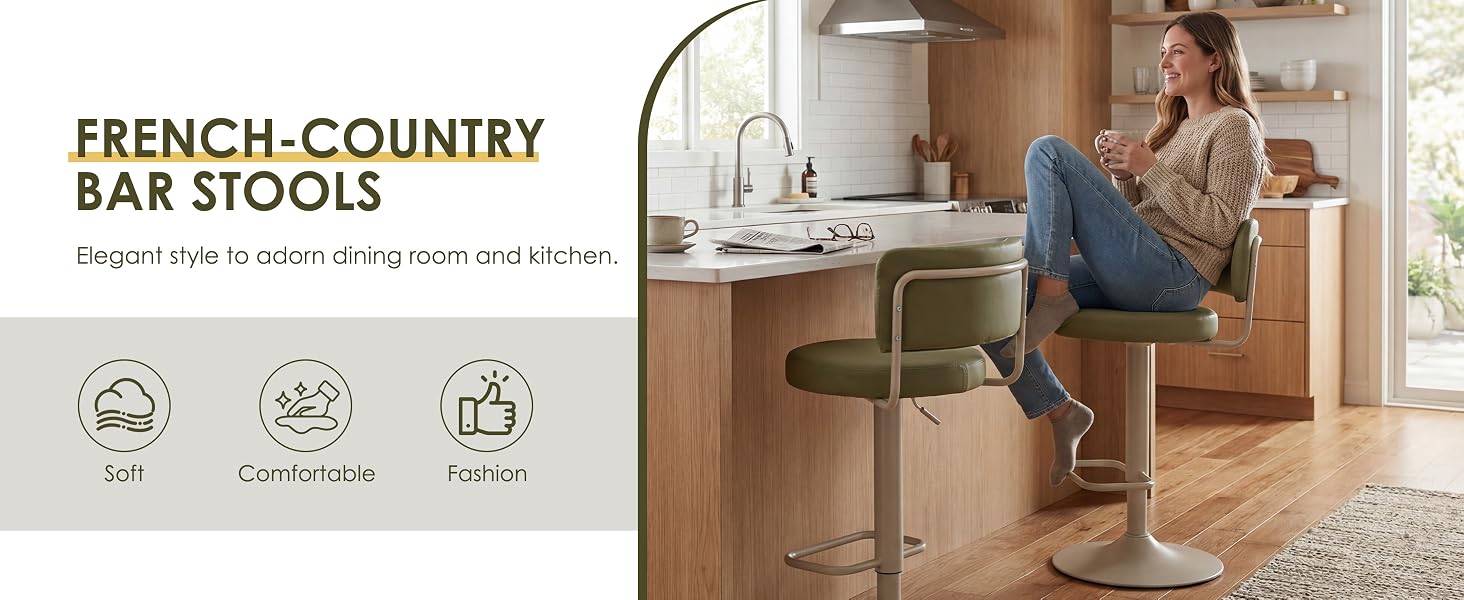 Text reads 'FRENCH-COUNTRY BAR STOOLS' with descriptive text below. Three wooden bar stools with woven rattan seats shown in kitchen setting with person seated.