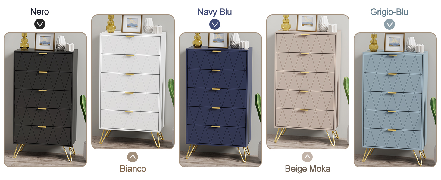 Il testo recita: «Grey», «Navy Blue», «Organisefits» con opzioni di colore. Cinque organizzatori/cassettiere scorrevoli in diversi colori: grigio, bianco, blu marino, beige e azzurro disposti fianco a fianco.