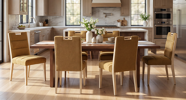 Cucina moderna e sala da pranzo con tavolo in legno e sei sedie imbottite, con ampie finestre ed elettrodomestici da incasso.