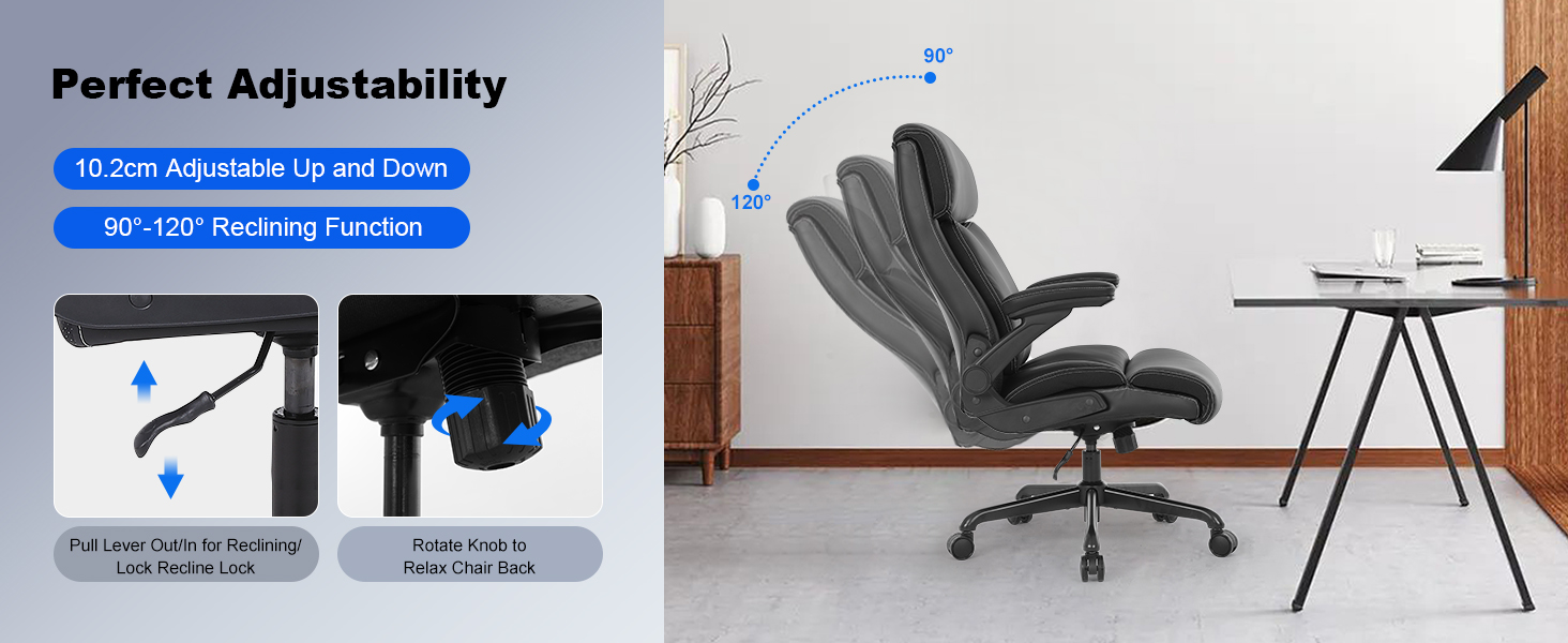 Ergonomic office chair with adjustable features including 90°-120° reclining function and 10.2cm height adjustment. Gray padded seat and backrest on a black base with wheels.