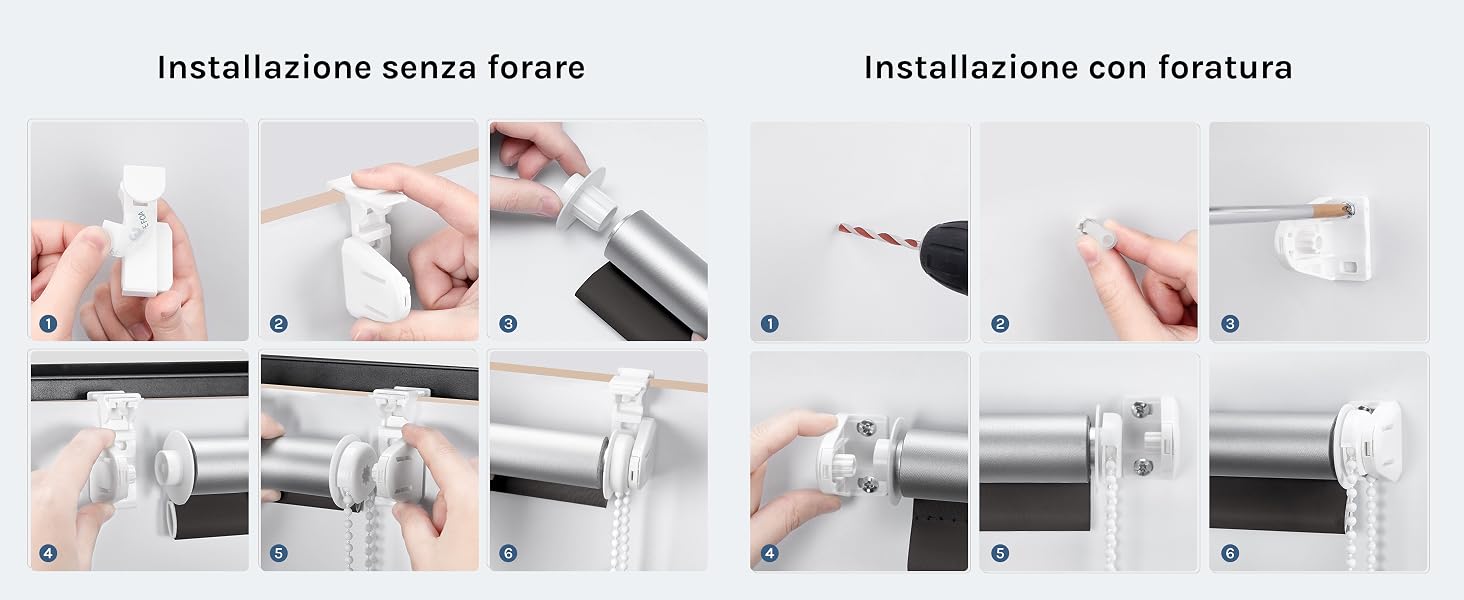 Il testo dice 'Installazione con forature'. Guida all'installazione dettagliata che mostra l'installazione manuale di ciò che sembra essere hardware di montaggio o staffe.
