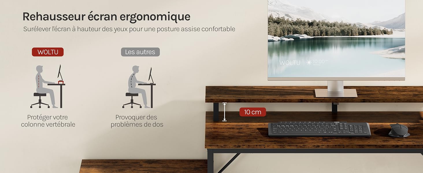 Le texte indique « Rehausseur écran ergonomique ». Schéma montrant les positions ergonomiques de réglage de la hauteur de l'écran avec une photo avec vue sur le lac sur la droite.
