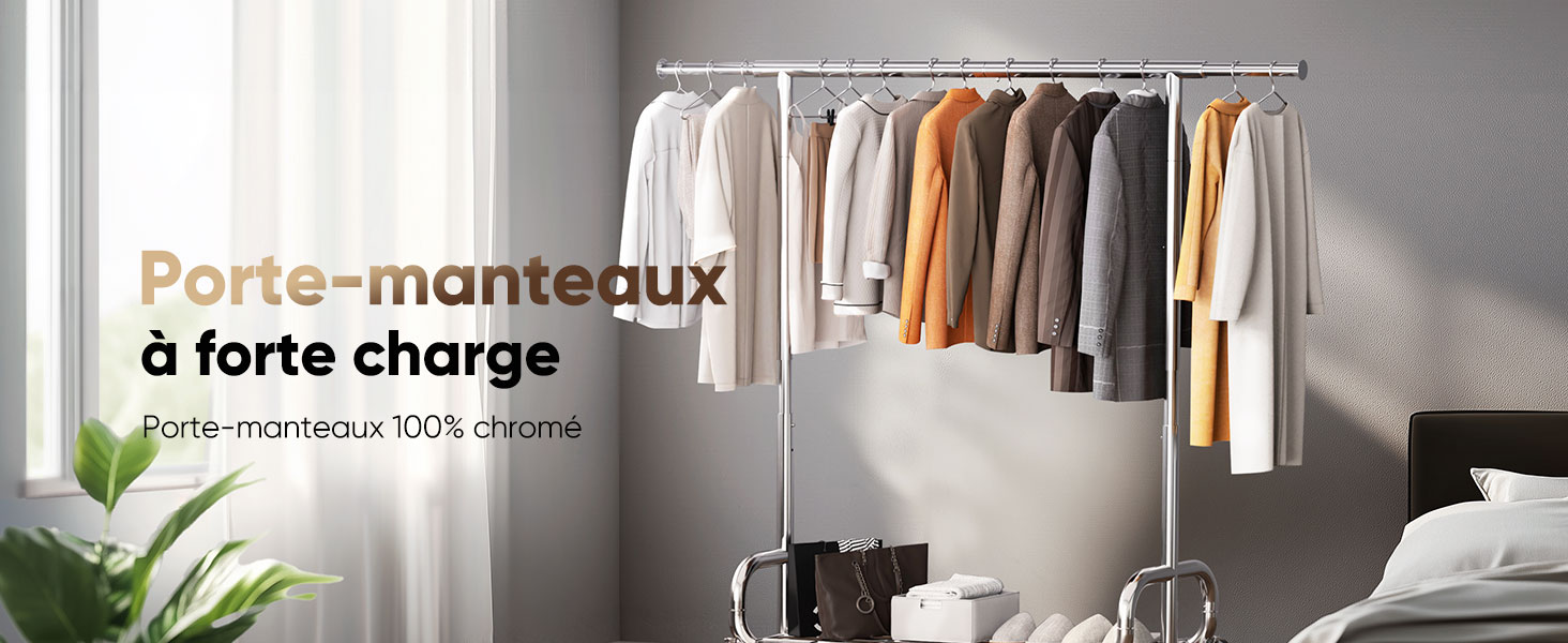 Le texte indique « Porte-manteaux ». Présentoir à vêtements moderne avec des vêtements soigneusement accrochés à des cintres contre un mur lumineux, offrant une solution de rangement organisée pour les armoires.