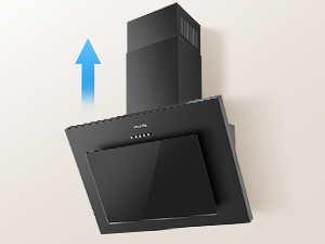 Hotte de cuisine murale noire avec panneau avant en verre incliné et section de cheminée extensible, sur fond blanc