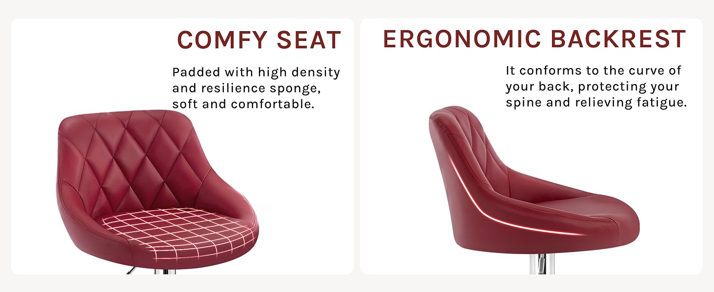 Red swivel chair with quilted seat and curved backrest. Left panel shows padded seat, right panel highlights ergonomic design for back support and fatigue reduction.