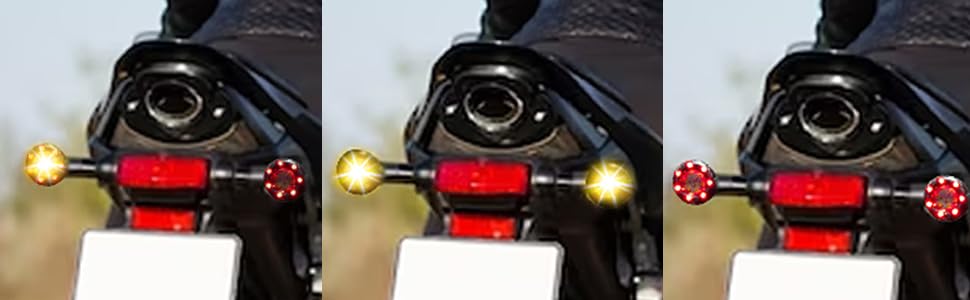 Motorcycle tail light assembly with red reflector and license plate holder. Three images show different LED light configurations.