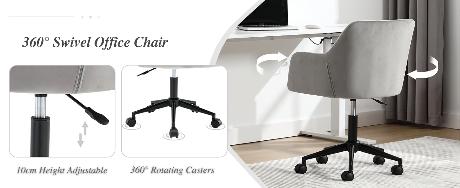 Text reads '360° Swivel Office Chair'. Product diagram showing same gray office chair from multiple angles with height adjustment and rotating caster features.