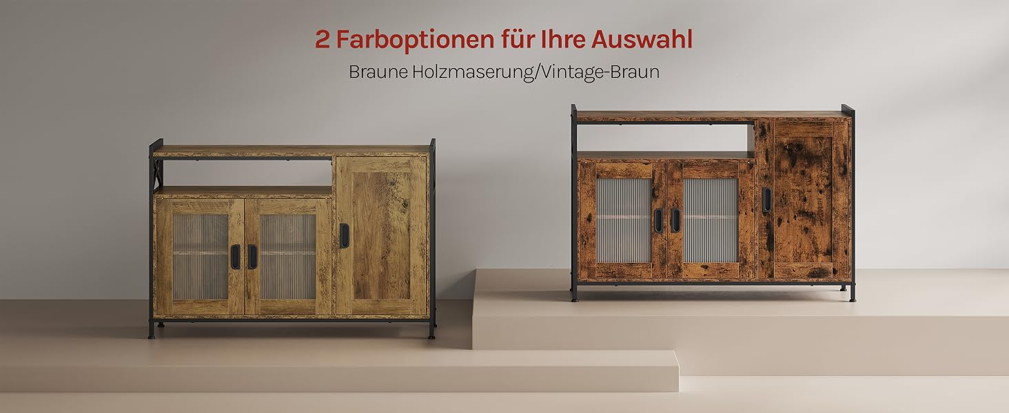 Der Text lautet „2 Farboptionen für Ihre Auswahl“ und „Made with real wood &amp; high“. Zwei Aufbewahrungsschränke aus Holz mit Glastüren in verschiedenen Holzoberflächen.