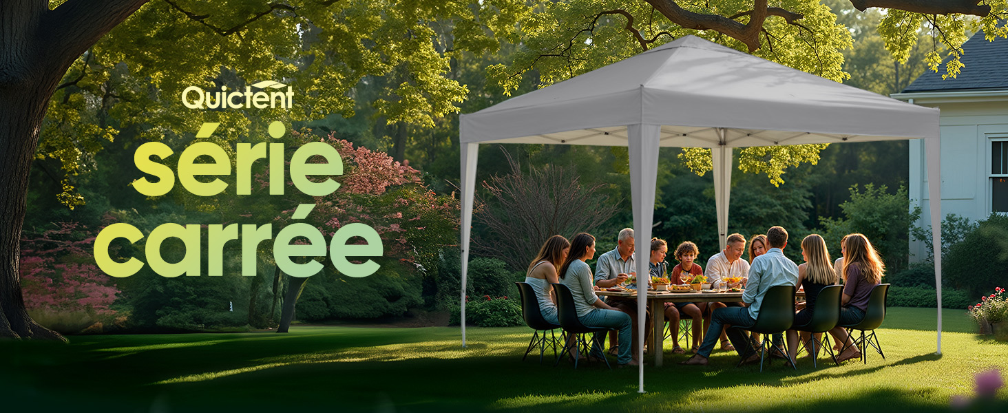 Le texte indique « Serie carrière ». Scène extérieure avec des personnes rassemblées sous une tente à baldaquin blanc autour d'une longue table dans un jardin ensoleillé.