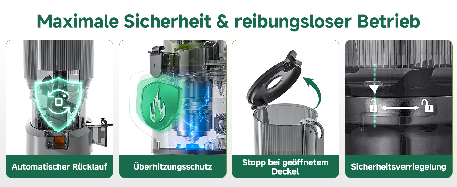 Der Text lautet „Maximale Sicherheit &amp; reibungsloser Betrieb“ mit vier Symbolen für Produktkategorien unten: Ästhetischer Wasserfall, Wasserspringbrunnen (Wasserbrunnen), Doppelt gefiltert (doppelt gefiltert), Wasseraufbereitung (Wasseraufbereitung). Deutschsprachige Sicherheits- und Betriebsmeldungen mit Bildern des Wassersystems.