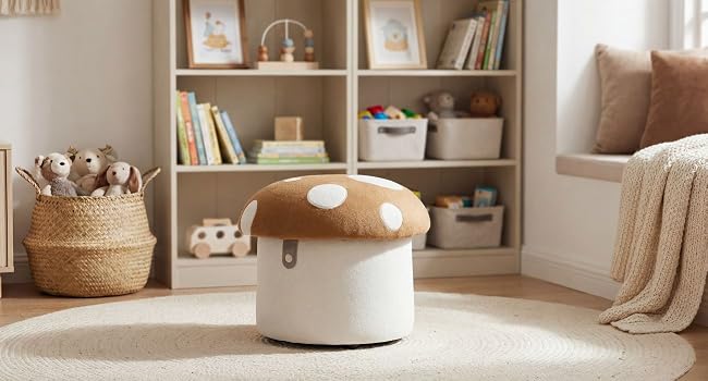 Pouf cilindrico color crema posizionato su pavimento in legno in soggiorno moderno con scaffali integrati, cestino intrecciato e coperta beige a vista.