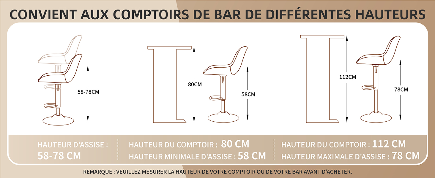 Le texte se lit comme suit : « CONVIENT AUX COMPTOIRS DE BAR DE DIFFÉRENTS HAUTEURS ». Schéma technique montrant trois mesures de hauteur de tabouret de bar : 65 cm, 75 cm et 112 cm.