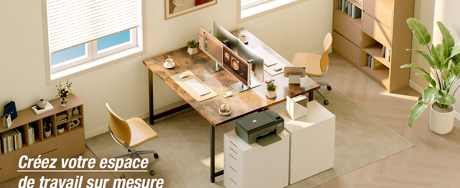 Le texte se lit comme suit : « Créez votre espace de travail sur mesure ». Plusieurs images montrant un espace de travail personnalisable ou des arrangements de mobilier dans le cadre du bureau à domicile.