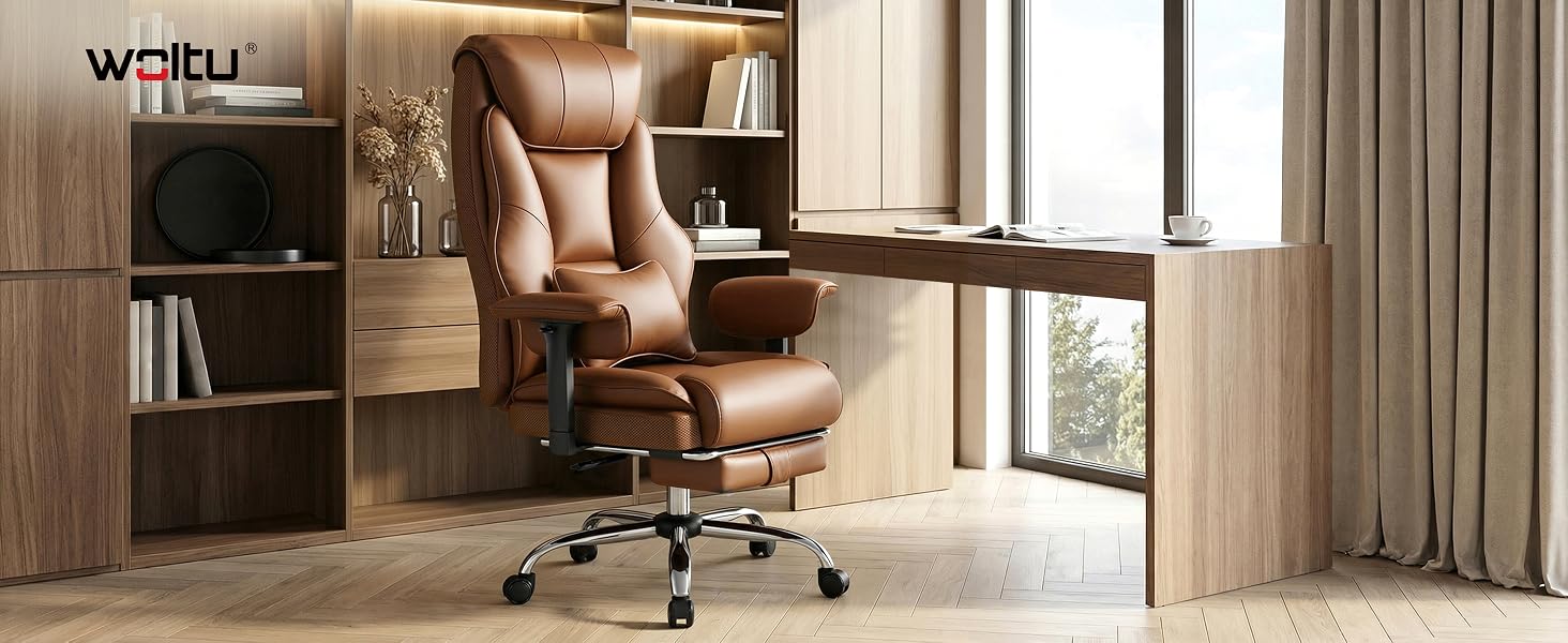 Text reads 'WRAPU'. Modern office interior with wooden floors and walls, featuring a leather office chair and desk setup.