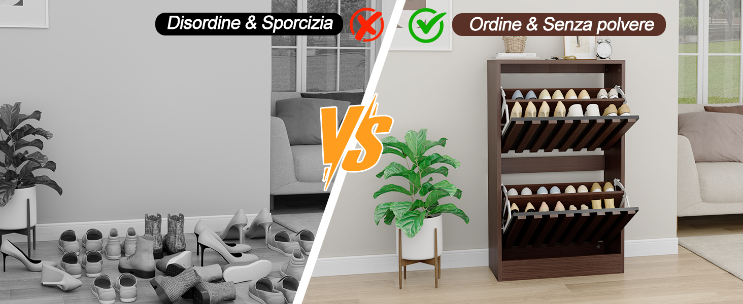 Immagine di confronto divisa: a sinistra mostra l'interno in bianco e nero, a destra mostra l'interno colorato con piante in vaso e scaffali. Il testo recita «Concept A. Scandinavian elegance» con i segni di spunta per «Clean lines» e «Sleek profile».
