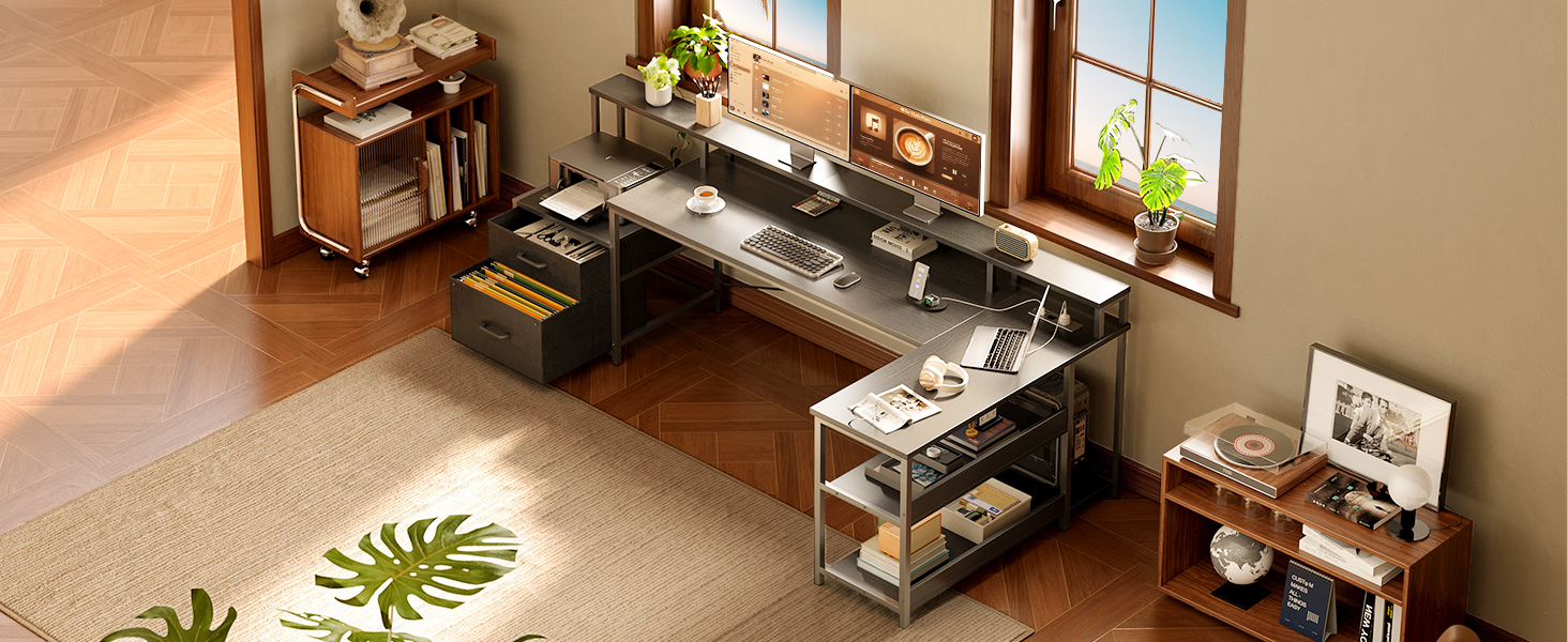 Configuration de bureau à domicile moderne avec configuration de bureau en L, avec des solutions de rangement organisées et un éclairage naturel avec un décor végétal.