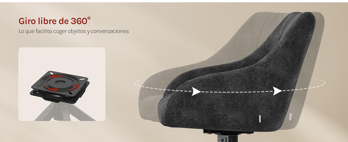 El texto dice «éno filtre de 360°». El asiento o la silla curvados de color negro se muestran con flechas de dimensión. A la izquierda se muestran pequeñas imágenes en miniatura del producto.