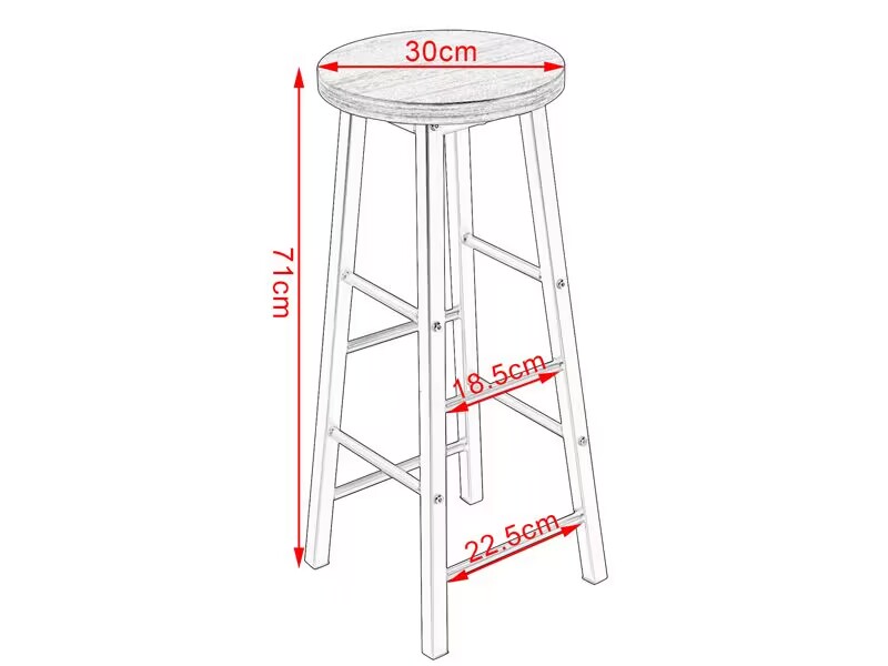 Schema tecnico di uno sgabello tondo in legno. Le misure mostrano 30 cm di diametro della seduta, 71 cm di altezza e 22,5 cm di larghezza delle gambe