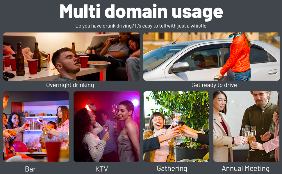 Text reads "Multi domain usage" with nine photographs arranged in grid showing product use across settings: home workspace, car interior, entertainment venue, kitchen gathering, dining, outdoor meeting, casual family moment, and person using device.