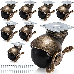Multiple views of bronze-colored furniture casters with antique finish. Product shown with wheel mechanism and mounting plate details, featuring spiral spring design.