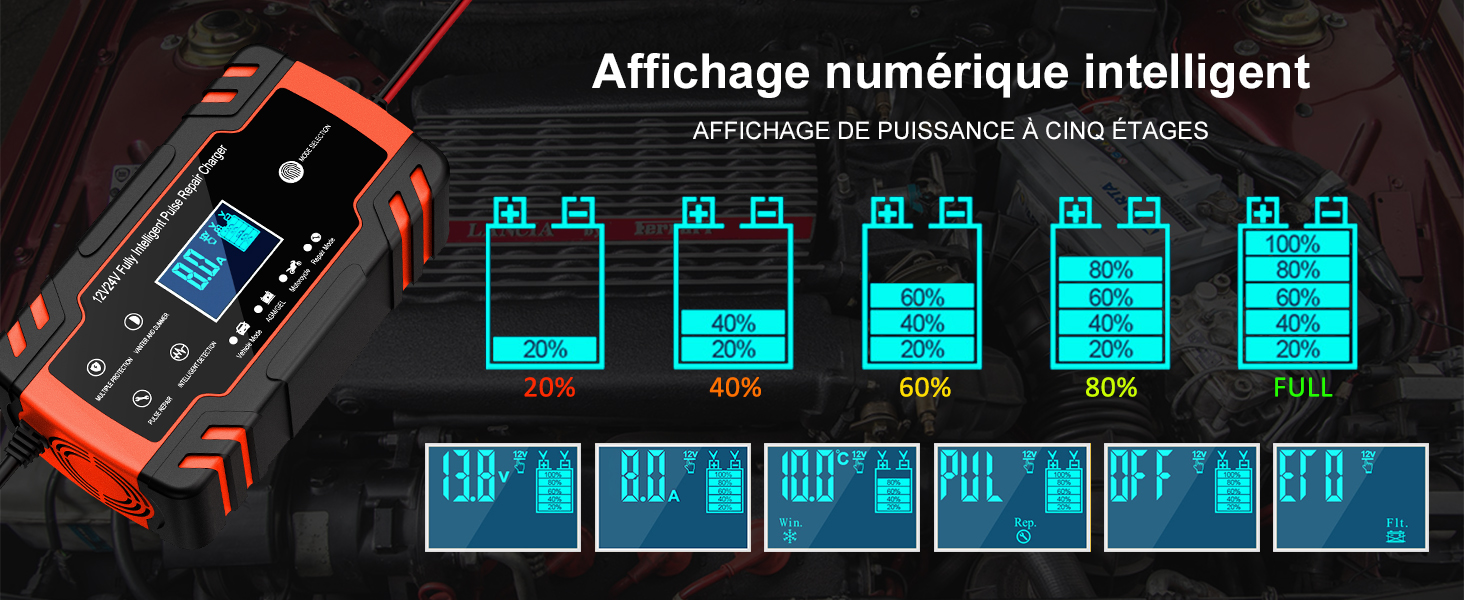 Chargeur de Batterie Intelligent 12V/24V 8A Mainteneur et Automatique Réparation Fonction Portable