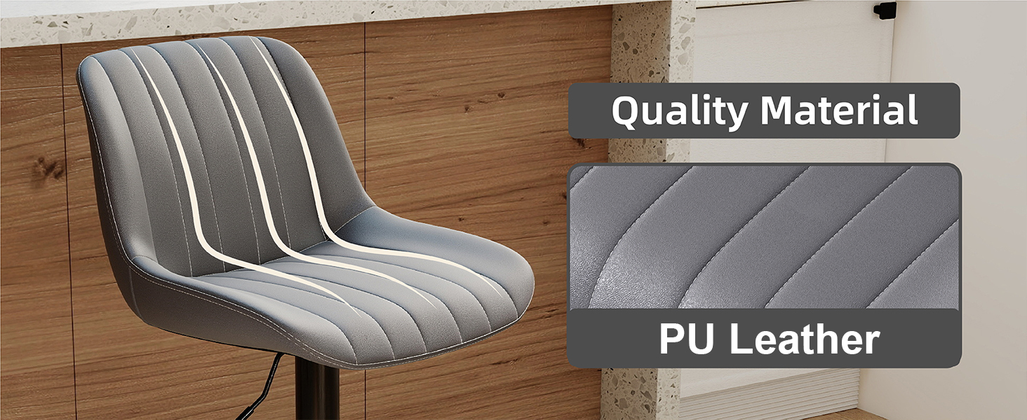 Text reads 'Quality Material' and 'PU Leather'. Close-up views of gray ribbed chair showing textured upholstery detail and material specifications.