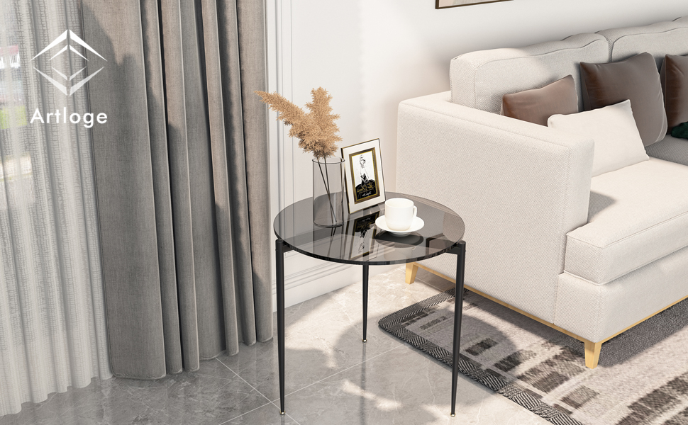 Artloge Petite Table Appoint Salon Bout Canapé Ronde Noir Verre Trempé Table Chevet Cadre Métal
