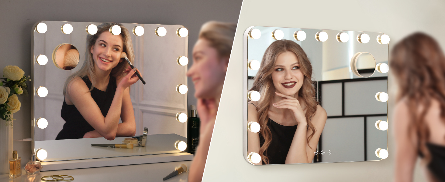 Two vanity mirrors with bright LED bulb frames. Reflections show people applying makeup in well-lit setting.