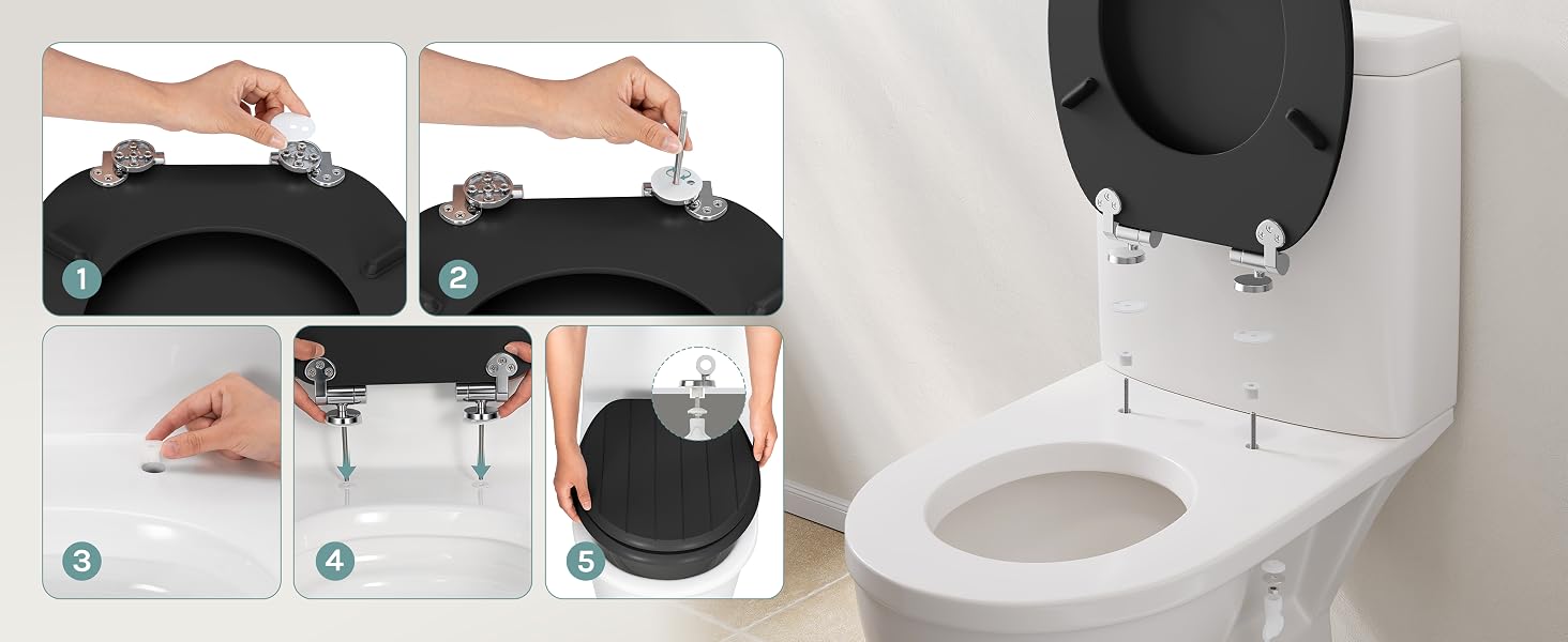 Black toilet seat bidet attachment showing installation steps with hands demonstrating placement and connection to toilet bowl, includes packaging and product positioning views.