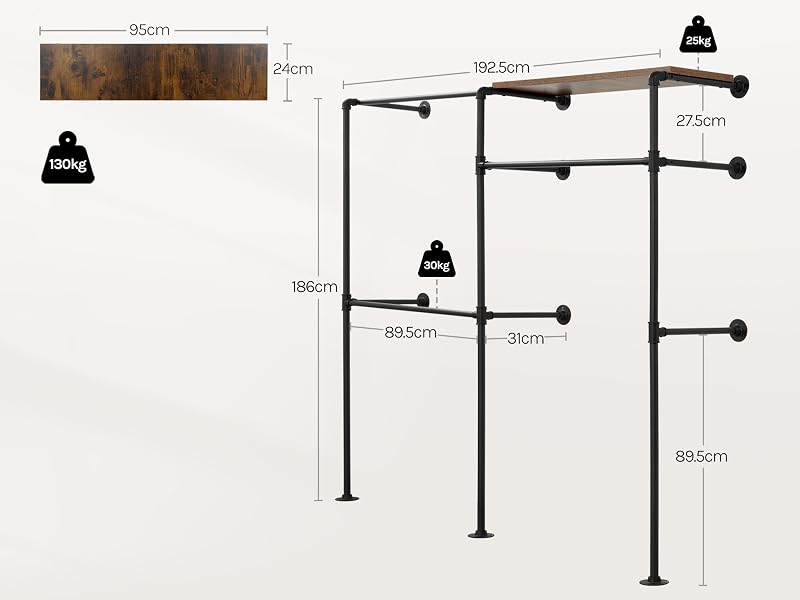 Technische Diagramme mit Abmessungen und technischen Daten für scheinbar Möbel- oder Einrichtungsinstallationsanleitungen mit schwarzen Symbolen.